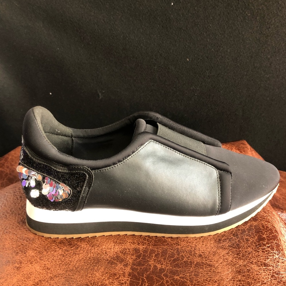 Karl Lagerfeld Jeri Black Leather Sequins Platform SlipOn Sneakers Size 10M